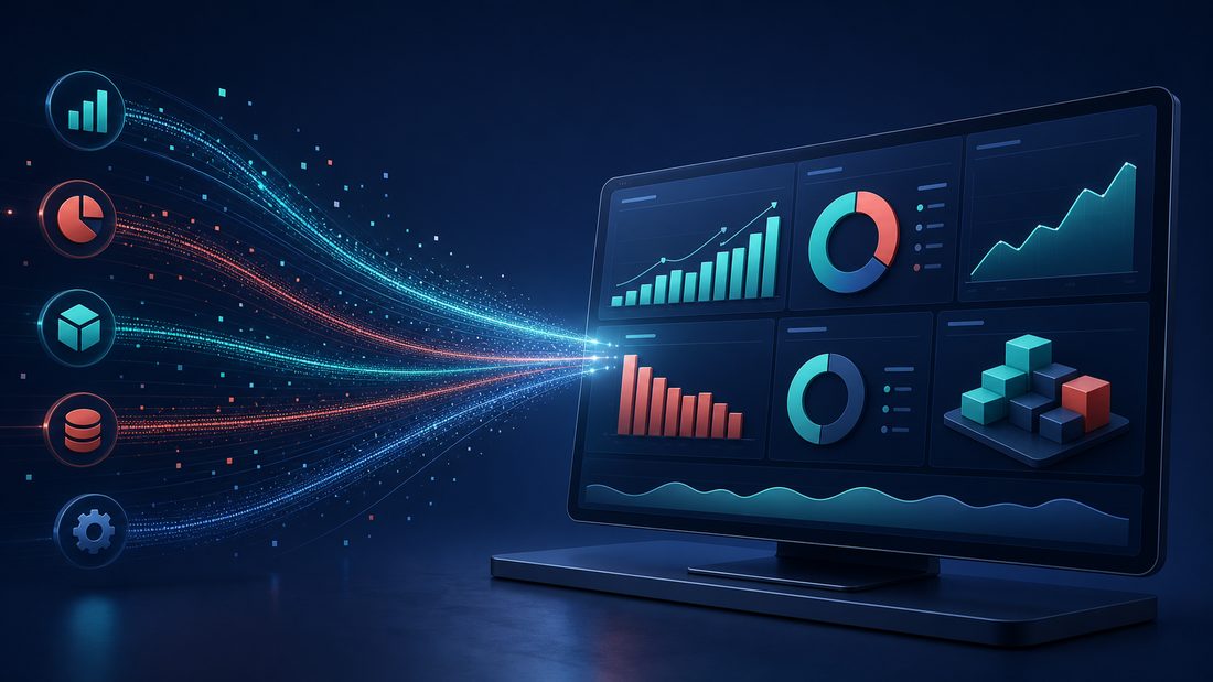 Abstract business cockpit visual with data streams becoming one dashboard