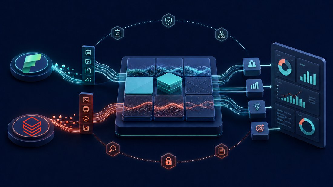 Microsoft Fabric and Databricks feeding one governed analytics and reporting layer.