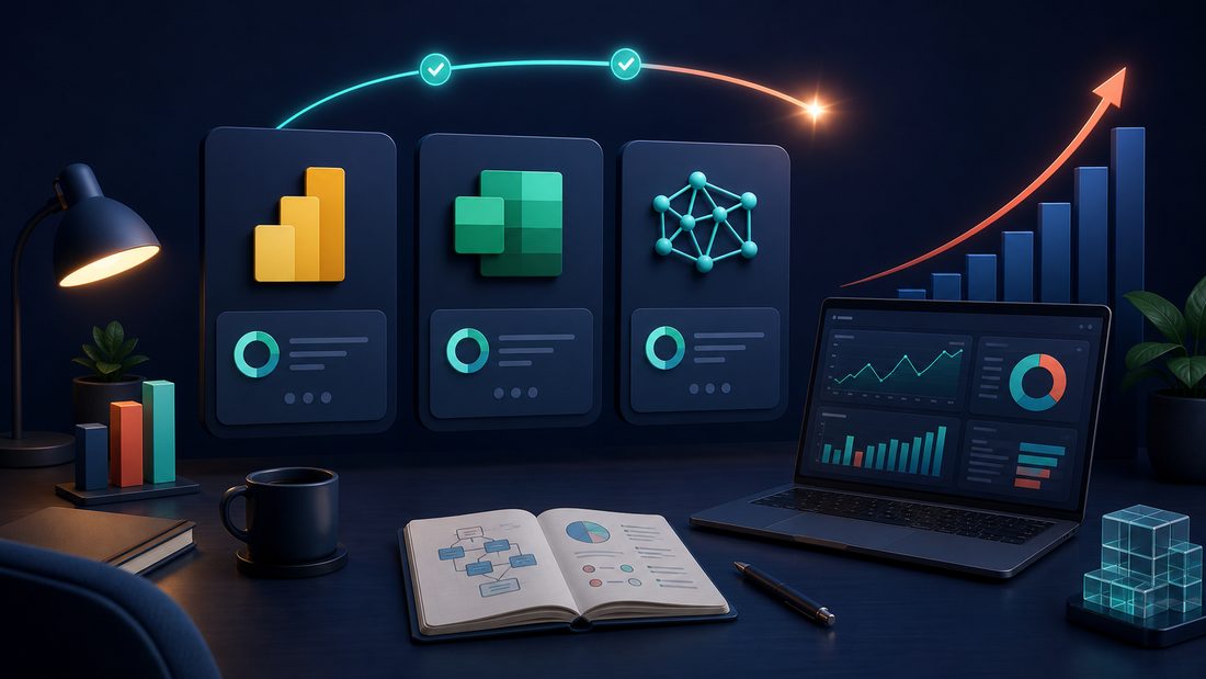 Abstract data training visual with learning path cards and progress signals