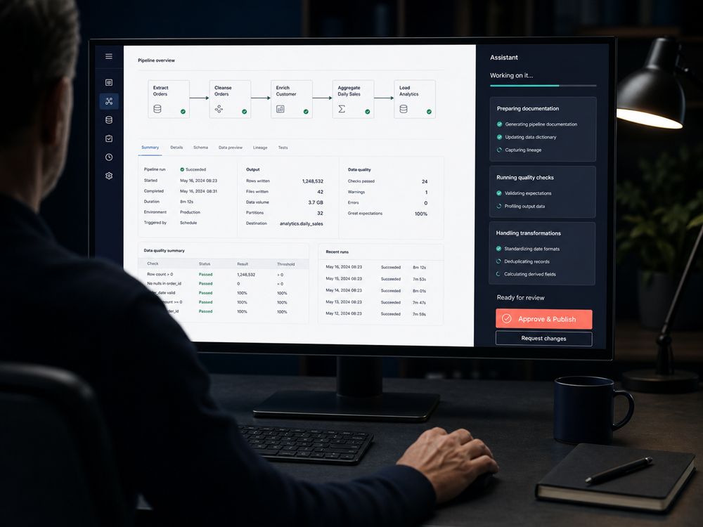 Senior practitioner reviewing an analytics solution while an AI support layer prepares checks and documentation.